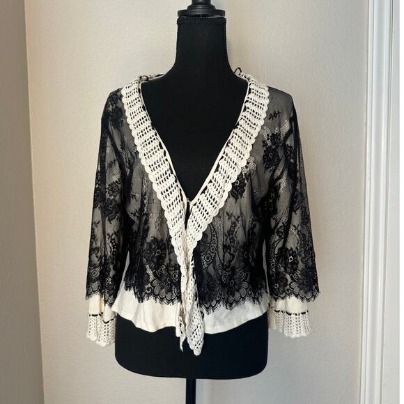 Michael Simon Vintage Cream & Black Lace Grannycore 90's Boho Cardigan, XL - Picture 2 of 8